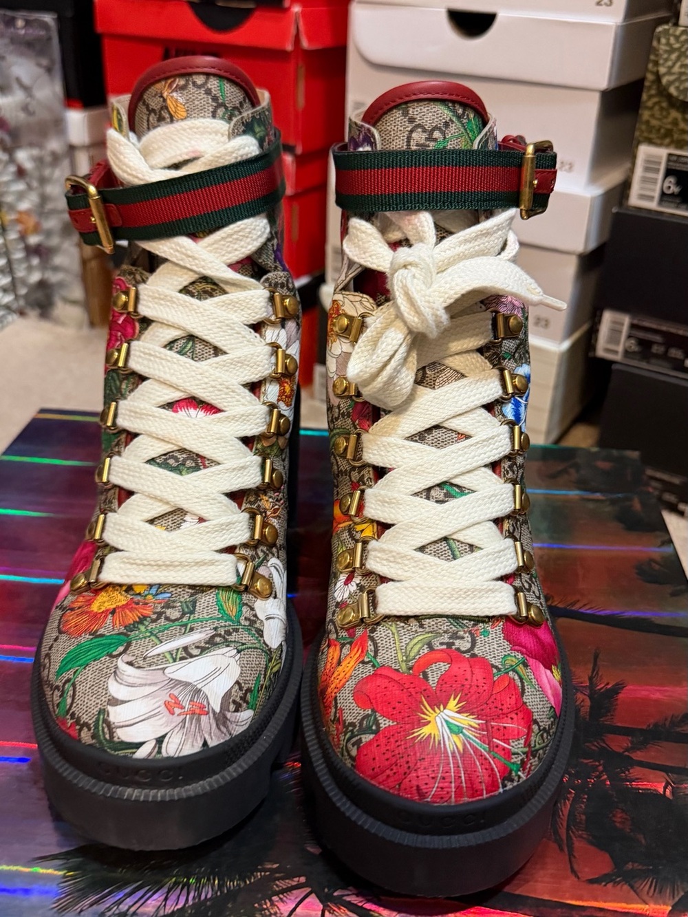 Gucci Floral Canvas Lug Boot in Beige, Red & Green - Picture 2 of 5